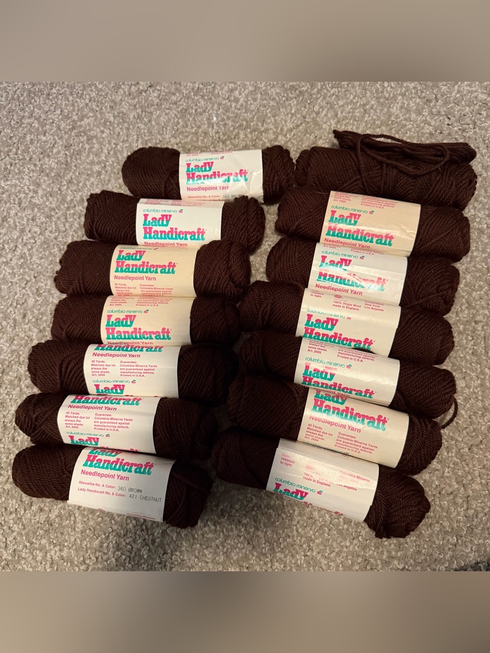 Lot 14 VTG Skeins Lady Handicraft Needlepoint Wool Yarn Chestnut Brown Tapestry